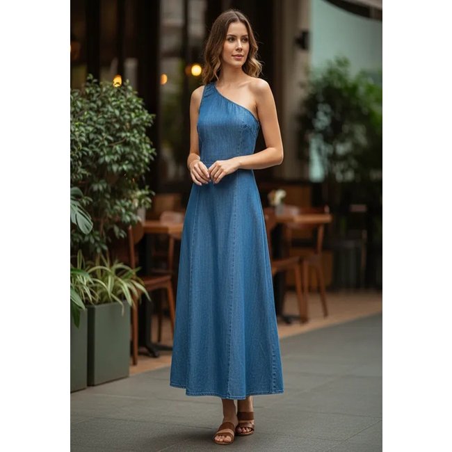 Vestido Jeans Amazonia Vital com one-shoulder Azul