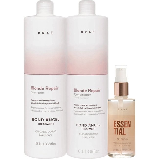 Kit Braé Blond Repair Shampoo Condicionador Litro e Essential Oil Blend (3 produtos)