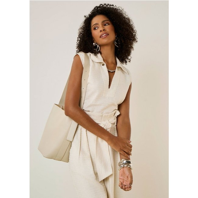 Blusa Maria Valentina Solta Decote V Manga Longa Padrão Off-white