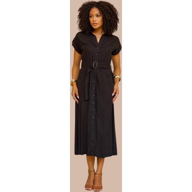 Chemise Midi Ícone Fashion Manga Curta com cinto Preta