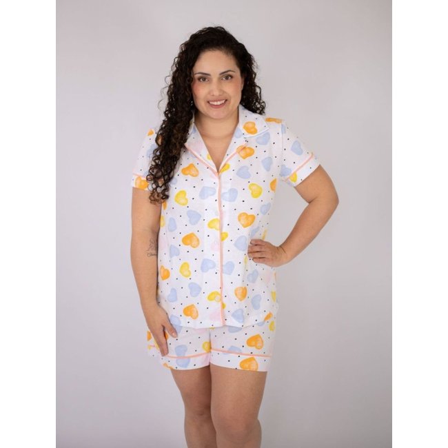 Plus Pijama Americano Curto Flávia - Corações Coloridos Branco