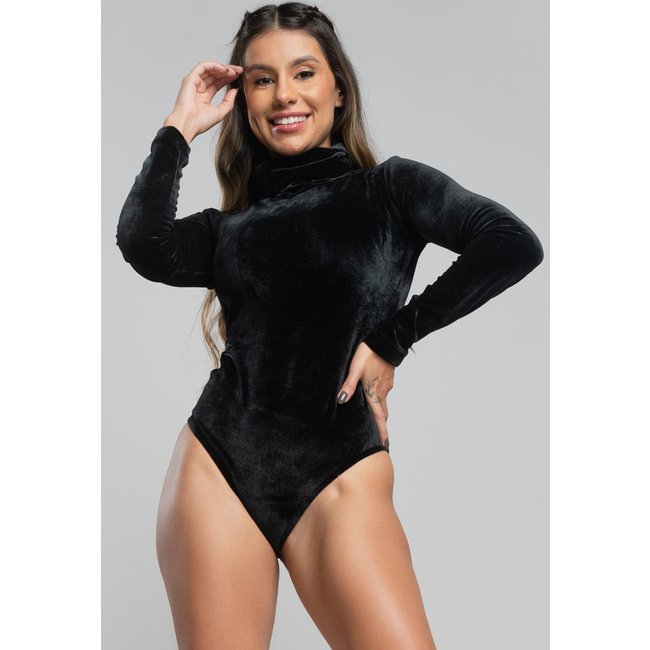 Body MVB Modas Manga Longa Costa Fecha Gola Alta Collant Veludo Preto