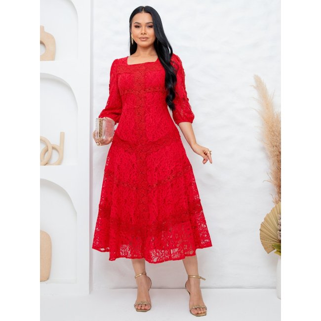 Vestido Midi de Festa Elegante com Manga Decote Quadrado Madrinha Casamento Vermelho