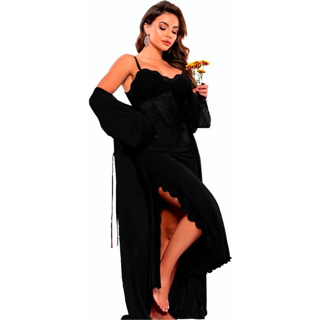 Robe Gabi Lingerie Longo Microfibra Rendado Preto