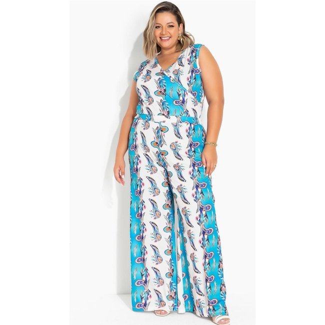 Macacão Com Transpassado Plus Size Paisley Azul Marguerite