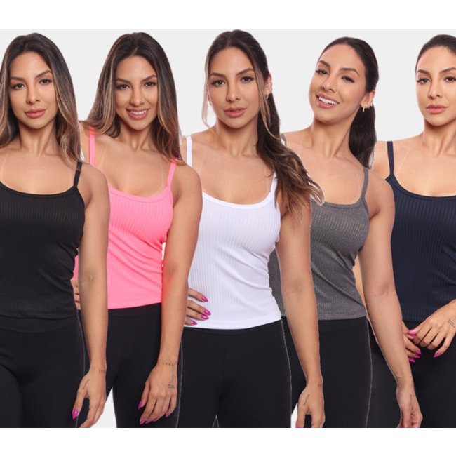 Kit 5 Regatas de Alcinha Canelada Feminina Lisa Blusa Blusinha Básica Treino Academia
