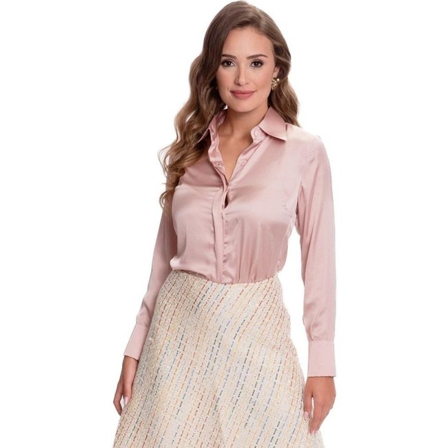 Camisa Social Feminina Manga Longa Cetim Teodoro Clássica Azul Claro G Rosa