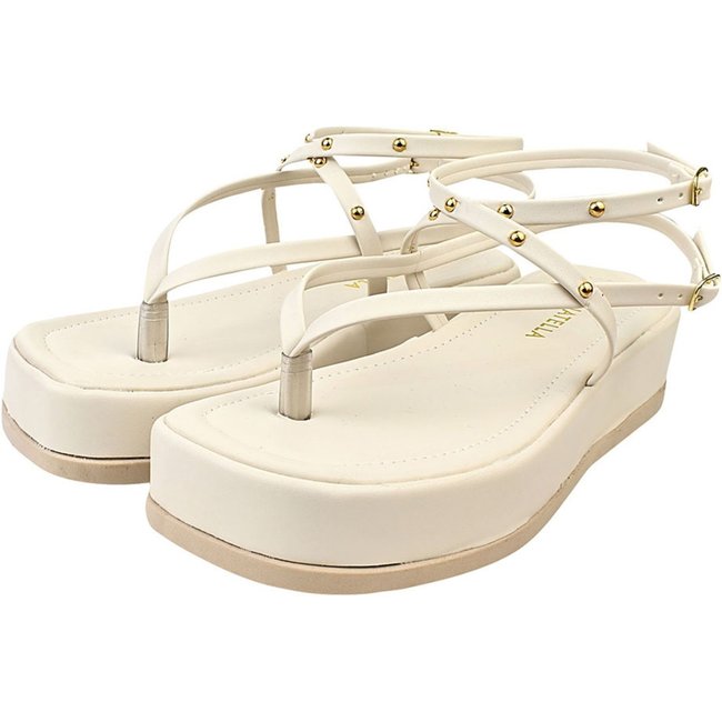 Sandalia Feminina Plataforma Donatella Shoes Confortável Chinelo de Dedo Rebite Tacha Fivela Off White
