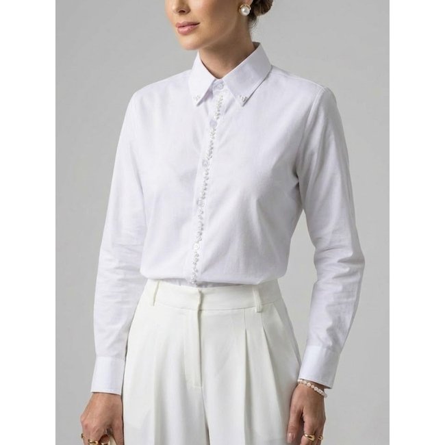 Camisa Social Feminina com Linha de Pérolas Premium Branca | Blusa de Luxo Manga Longa Elegante Aplicações de Pérolas Branco
