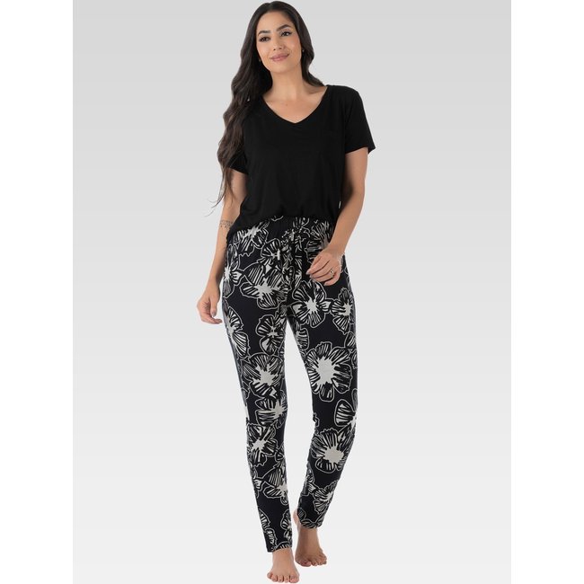 Pijama Feminino Manga Curta Summer Soul Estampado Preto