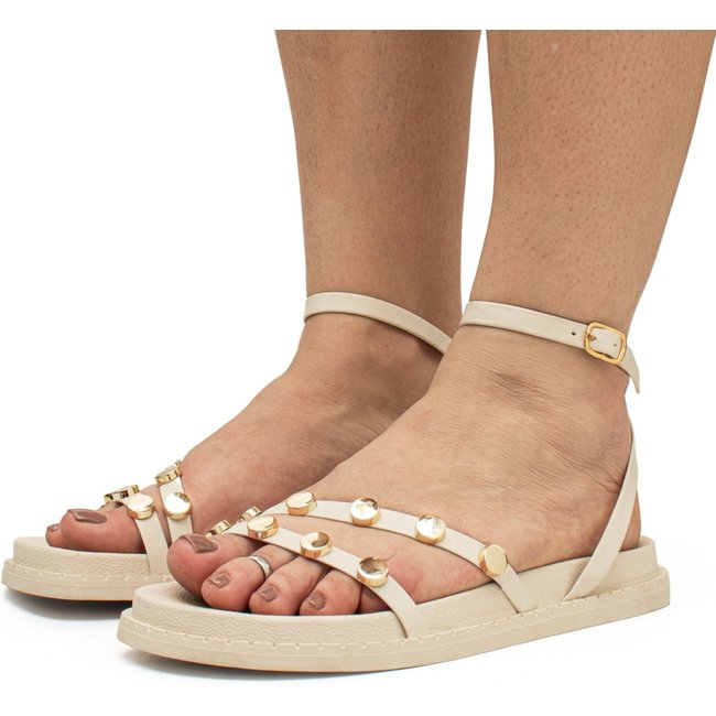 Sandália Feminina Papete Flatform Tiras Enfeite Metal Confortável Macia Off White