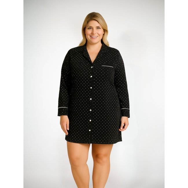 Camisola Algodão Plus Size Manga Longa Bárbara - Preto Poá