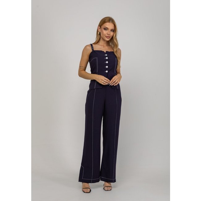 Calça Alfaiataria Wide Leg Com Costura Contrastante Salvatore Azul