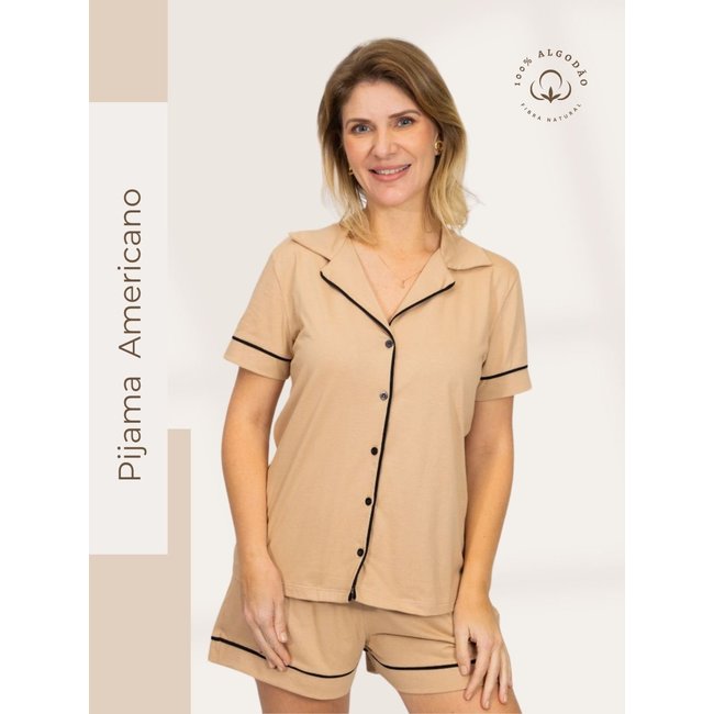 Pijama Algodão Feminino Piante Americano Curto Bege Areia