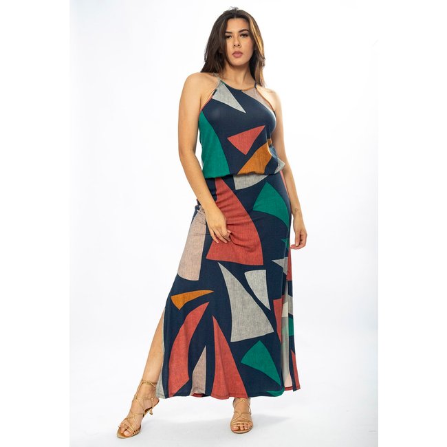 Vestido Longo Amazônia Vital Malha Trapézio com Elástico na Cintura Geometrias do Tempo