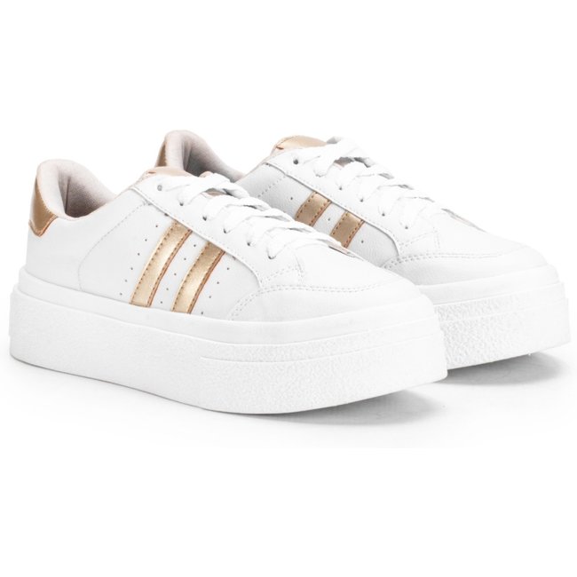 Tenis Feminino Sapatenis Sola Alta Listras Dourado Original Casual