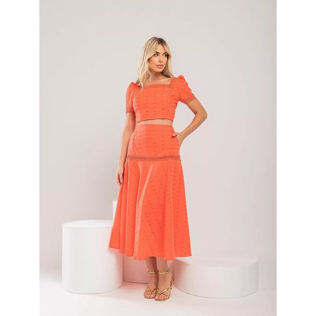 Conjunto Cropped e Saia em Laise Lily Daisy LD501 Coral