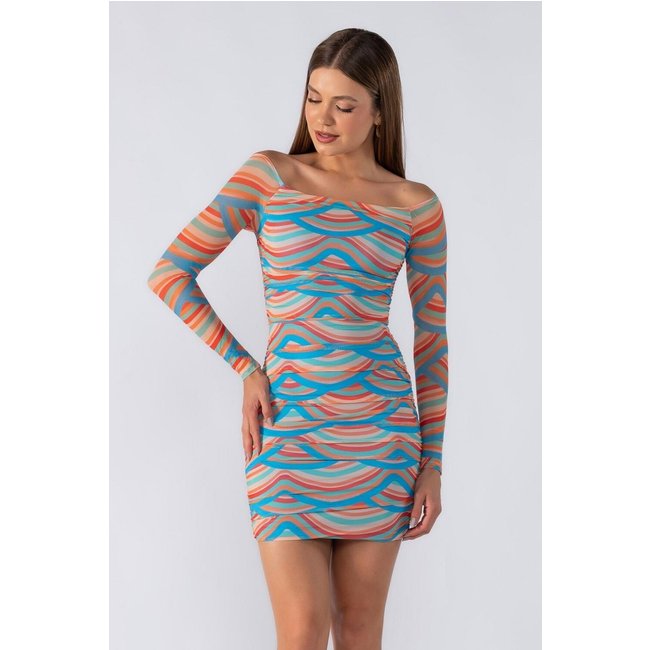 Vestido curto tule franzido Azul