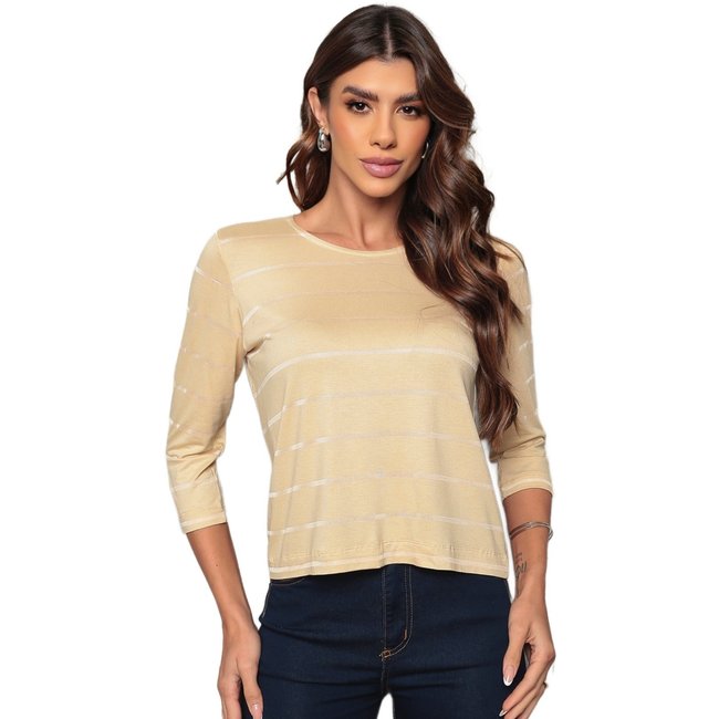 Blusa Manga 3/4 Dellamarca Listrada Bege