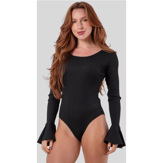 Body Manga Longa Flare Ribana Preto Inverno