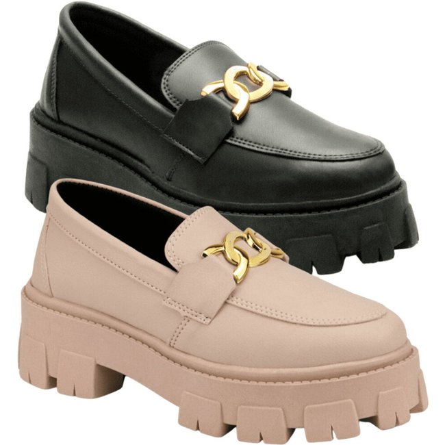 Kit 2 Mocassim Tratorado Feminino Oxford Plataforma Com Metal Blogueira Leve GuGi 403-GG Preto e Rose