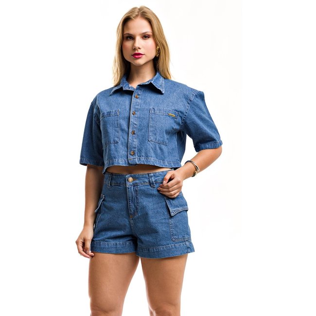 Conjunto Restrito Jeans Cropped Camisa Over e Short Cargo - Azul Médio