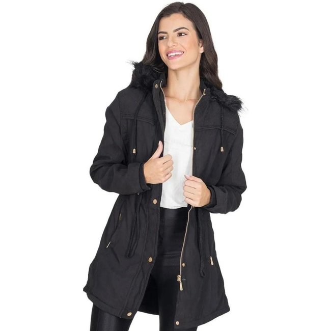 Jaqueta para Inverno Parka Sherpa Forrada com Capuz Removível Cia do Vestido Preta