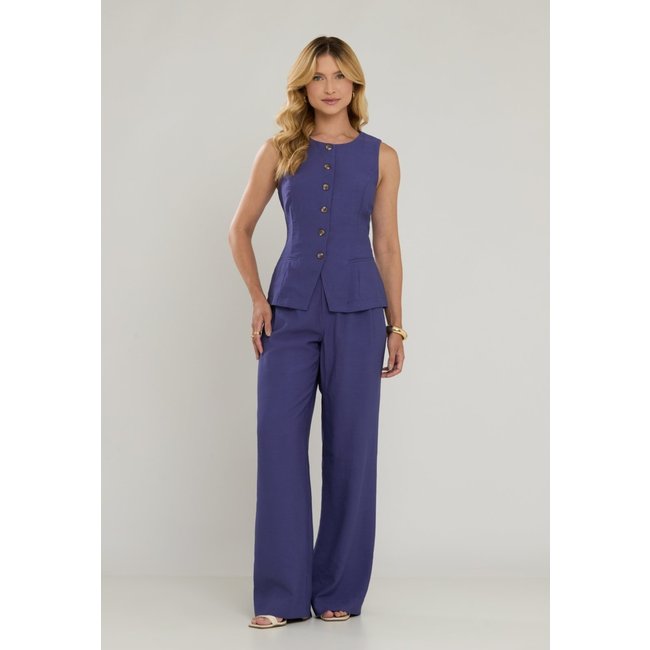 Conjunto Colete Calça Miss Joy 8420-22 Crepe Slub Azul Denim