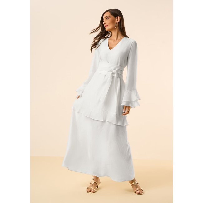 Vestido Maria Valentina Solto Decote V Manga Longa Longo Cinza