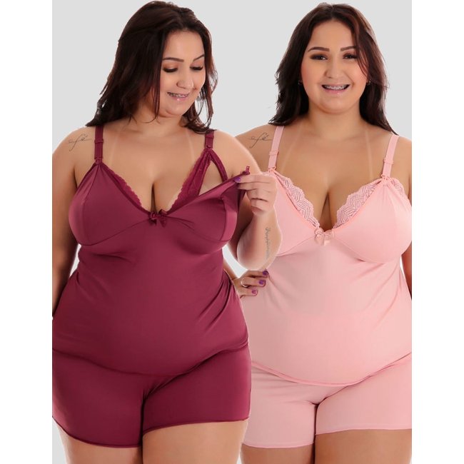Kit 2 Baby Doll Amamentação Plus Size Pós Parto Gestante Rosa e Vinho