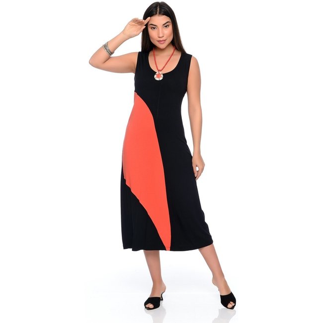 Vestido Midi Alça Larga Regata com Recorte B’Bonnie Lady Preto/Coral