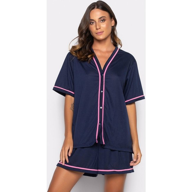Pijama Bravaa Store Curto Baby Doll Americano Blogueirinha Botão Adulto Amamentação 021 Azul