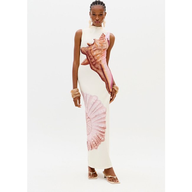 Vestido Feminino Lança Perfume Super Midi Estampa Conchas Off-White
