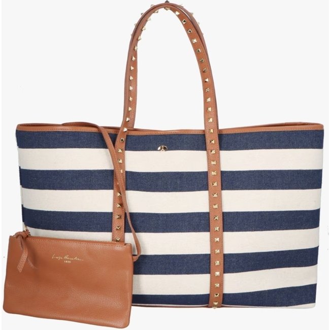 Bolsa Shopping Luiza Barcelos Listras Azul Naval E Couro Caramelo Com Rebite