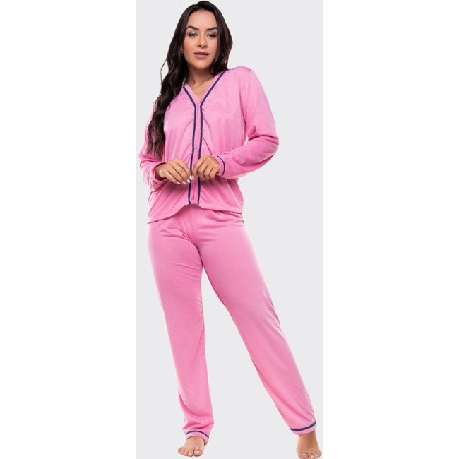 Pijama Feminino Longo 4 Estações de Botão Amamentação Pijama Gestante Pijama Americano Maternidade Rosa Claro
