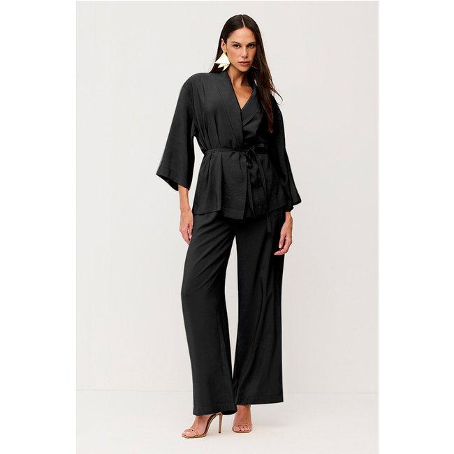 Calça Pantalona Lisa Com Amarração Preto Charry