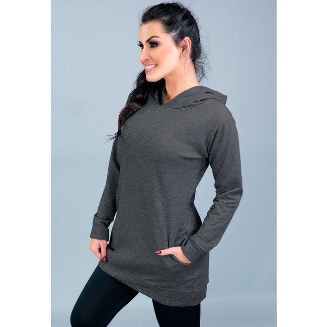 Casaco MVB Modas Manga Longa Feminino Moletom Flanelado Capuz Cinza