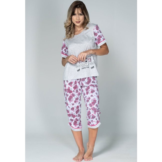 Pijama Feminino Serra e Mar Modas Manga Curta Pescador Cinza