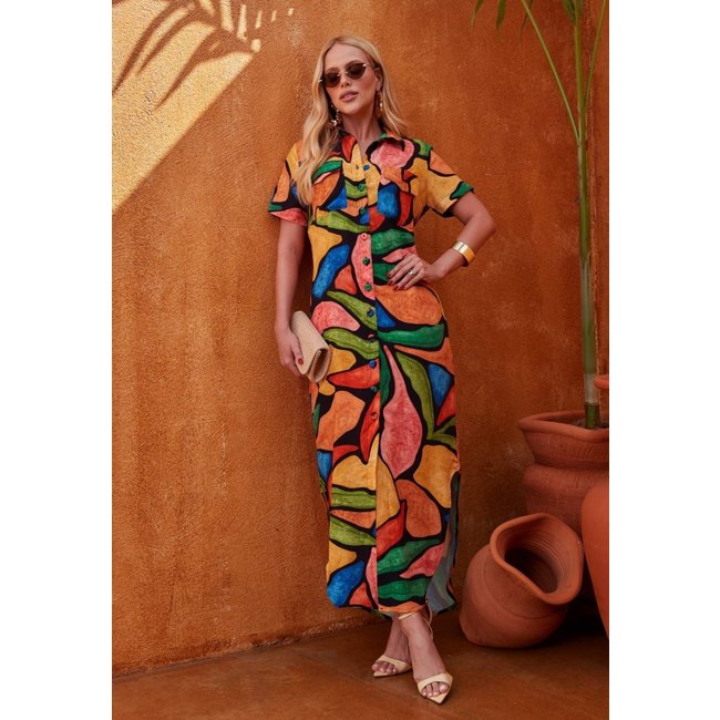 Chemise Mamorena Longuete em Viscose Estamapada de Manga Curta