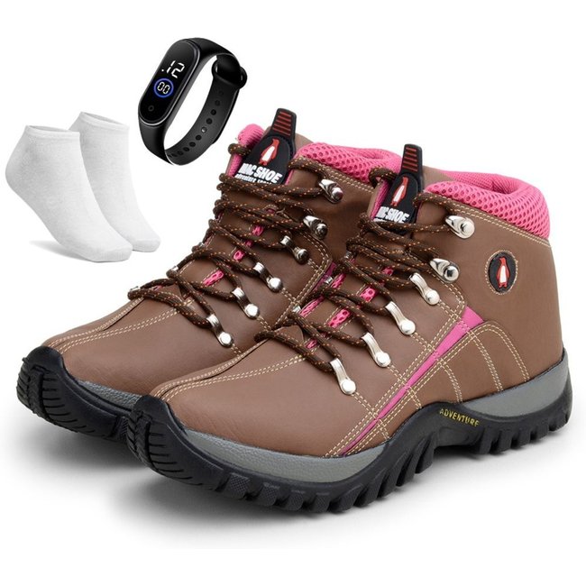 Kit Bota Adventure Bia Ramos para Trilha Confortavel Feminina Marrom Pink + Relógio e Meia