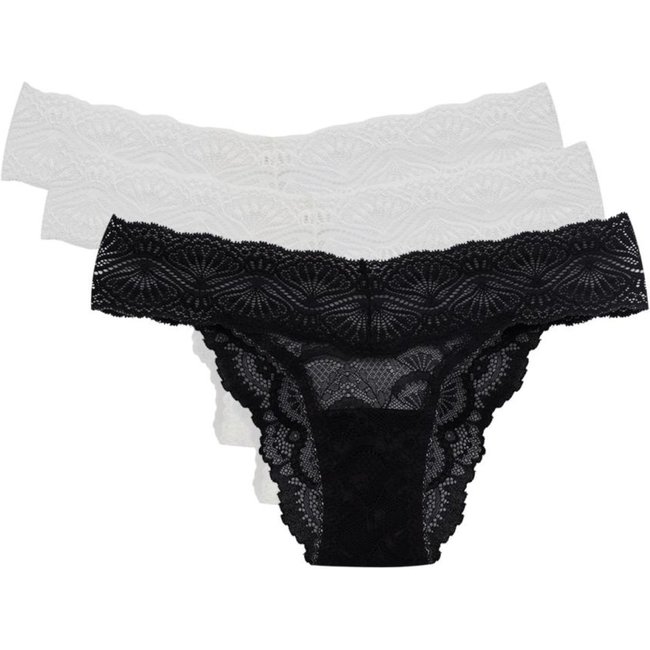 Kit 3 Calcinhas Biquíni Renda Shiny Love Branco/Preto