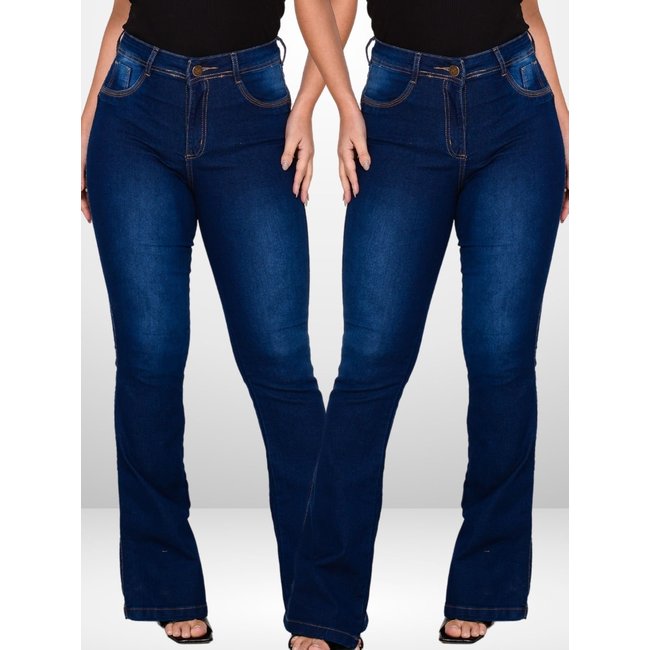 KIT 2 Calça Flare Feminina Mys Jeans Cintura Alta Azul Manchado