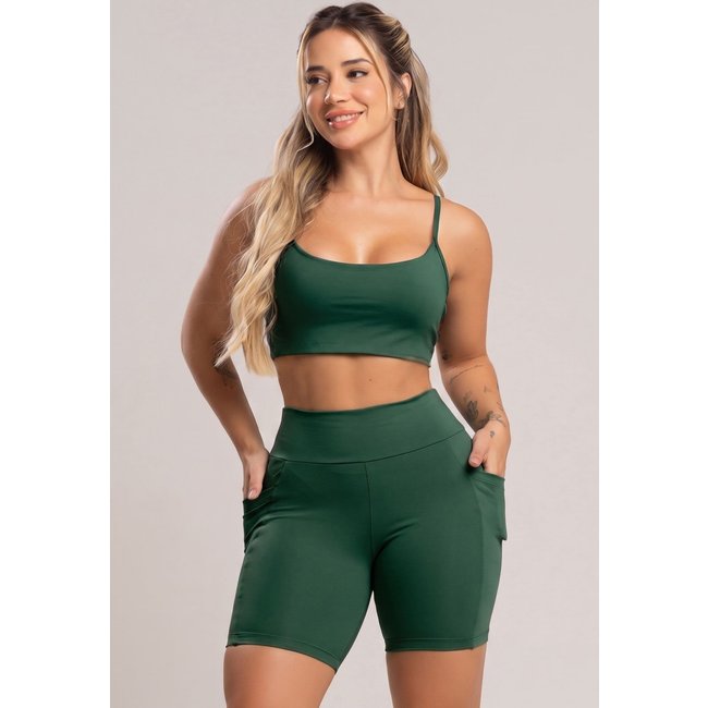 Short Fitness MVB Modas Bolsos Cintura Alta Feminina Poliamida Oliva