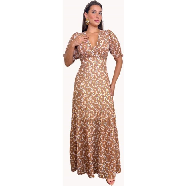 VESTIDO FEMININO LONGO FLORAL Marrom