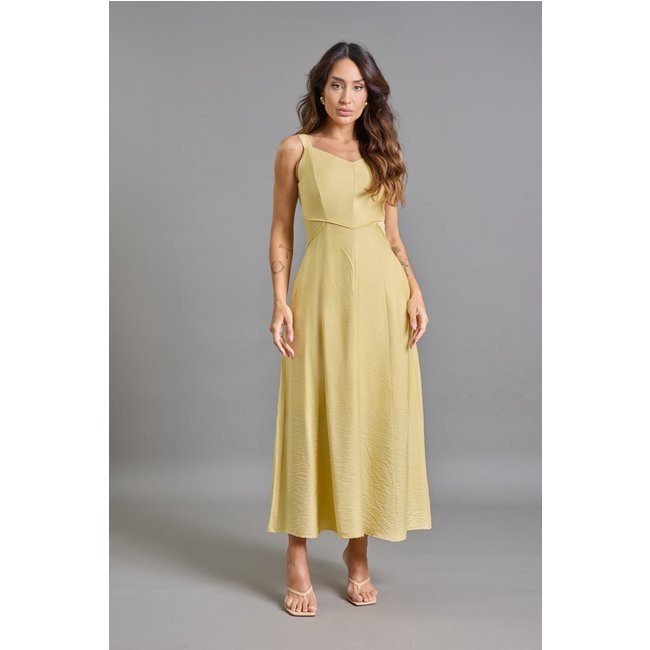 Vestido Midi Feminino Fluido com Alças Reguláveis e Bolsos Laterais Amarelo Lemier Collection