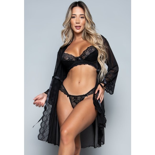 Robe Feminino Tule com Renda e Conjunto Lingerie Milaide Bella Fiore Modas Preto