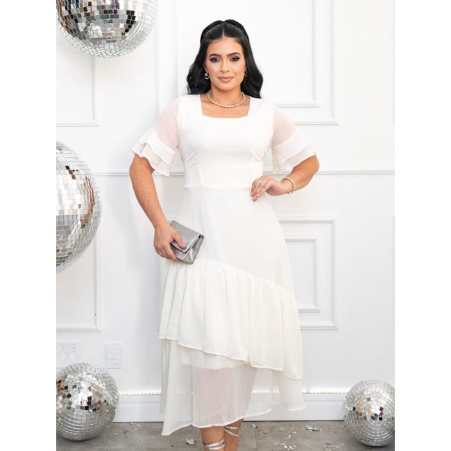 Vestido de Festa Casamento Social Midi com Babado e Elástico Verão Branco