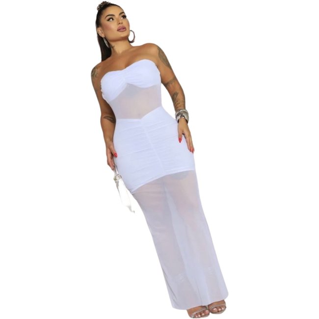 Vestido Summer Body Festa Longo Transparente Sensual Tomara Que Caia Branco