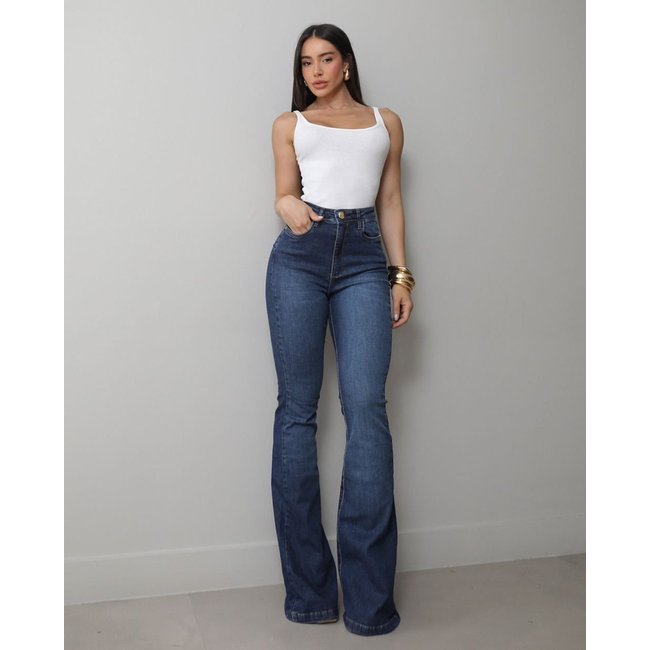 Calça Jeans Flare Feminina com Recorte No Espelho 25245 Escura Consciência