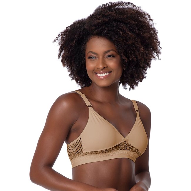 Sutiã Reforçado Gabi Lingerie Soutien Sem Bojo Microfibra Poliamida Rendado Bege
